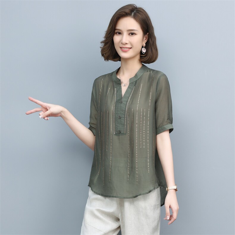 时尚休闲镶钻V领上衣女夏季新款宽松显瘦短袖雪纺衫气质百搭衬衣,女装衬衫,依恋蒂丝