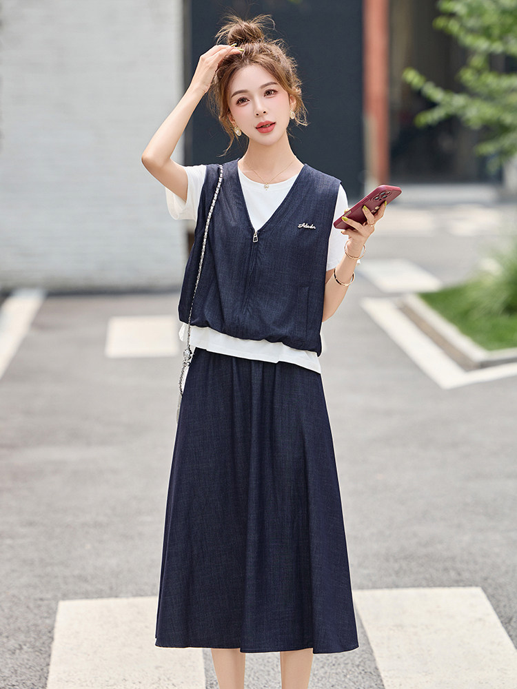 超好看时尚休闲牛仔套装裙女夏季撞色假两件上衣高腰半身裙两件套,女装套装/套裙,布芭啦
