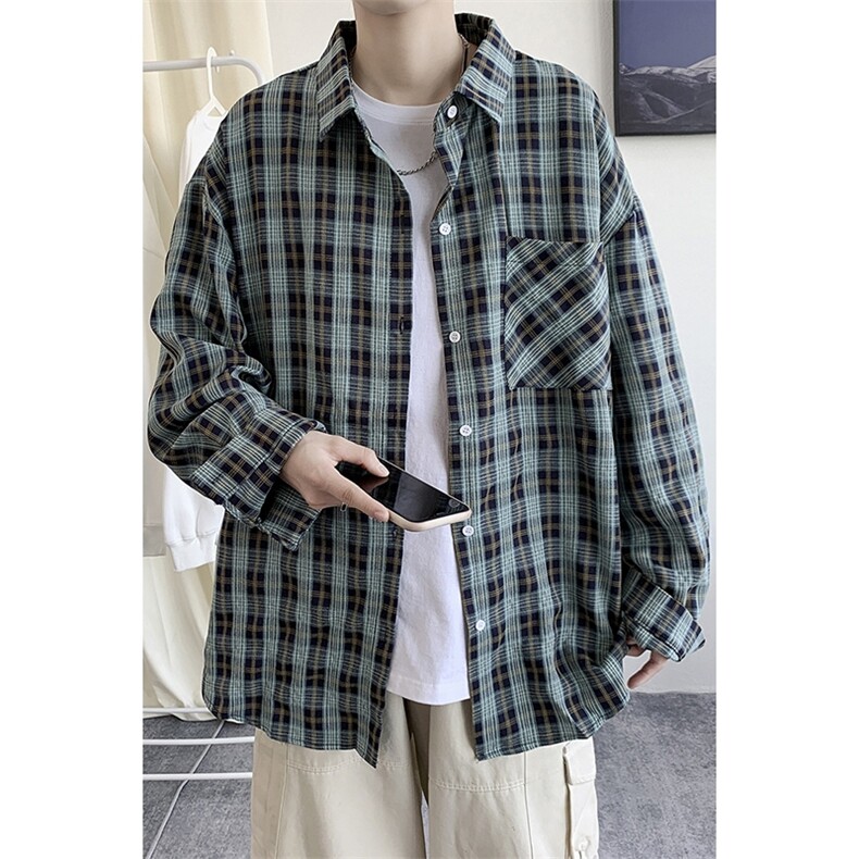 秋装新款港风长袖格子衬衫学生衬衣休闲外套男中性潮H210/P45,男装衬衫,电商A221A