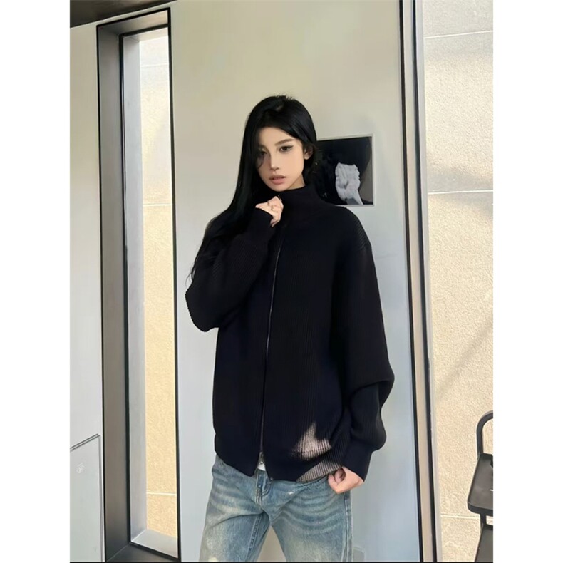 重磅秋冬北极绒双拉链毛衣开衫美式复古休闲慵懒风宽松针织衫外套,男装针织衫/毛衣,电商A486-1