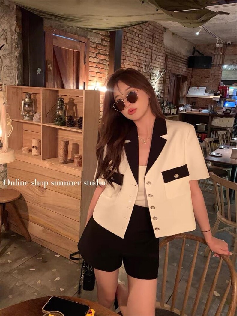 现货拼色小西装短袖，女装西装，F/TU