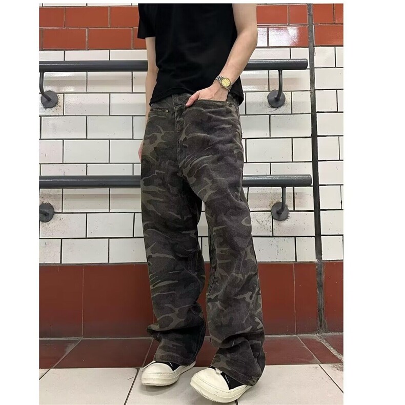 美式复古军绿迷彩牛仔裤工装直筒裤休闲裤高街裤子ins潮G377p45，男装休闲裤，电商D256-2(原A064-2)