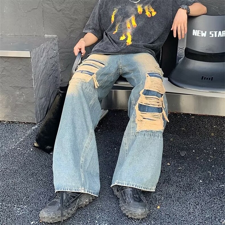 美式牛仔裤男潮牌夏季设计感阔腿裤子微喇宽松高街直筒长裤,男装牛仔裤,星座716-2