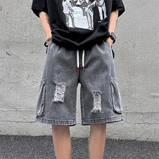 夏季潮牌工装裤子男潮流宽松休闲五分裤破洞牛仔短裤K3234-P38，男装牛仔裤，星座512-2