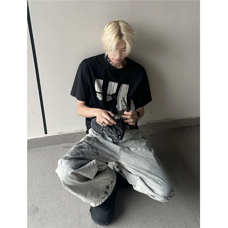 美式高街痞帅vibe风涂鸦做旧牛仔裤男潮流复古宽松直筒百搭阔腿裤,男装牛仔裤,星座506A