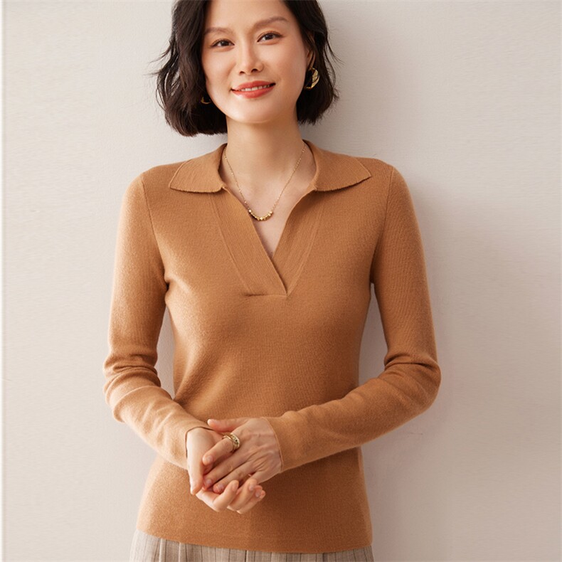 2025秋冬新款35%山羊绒女士16针68支精纺半开POLO领羊绒衫,女装羊绒衫,拓驰羊绒