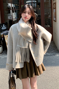 韩版保暖围脖双面羊绒呢子大衣女2025秋冬季新款显瘦短款毛呢外套图片