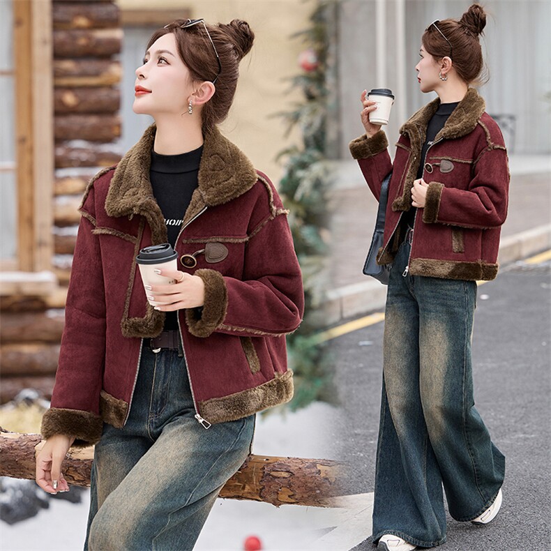 时尚复古红麂皮绒皮毛一体外套女2024冬新款小个子机车棉服,女装棉衣/棉服,奕薇雅
