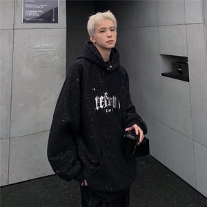 满天星长袖卫衣男春秋季新款美式感连帽宽松外套金属印花W88-P68图片