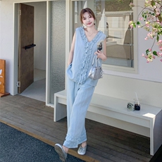 休闲外穿时尚套装时尚阔腿裤夏季气质套装睡衣宽松蕾丝复古减龄，女装套装/套裙，2C205