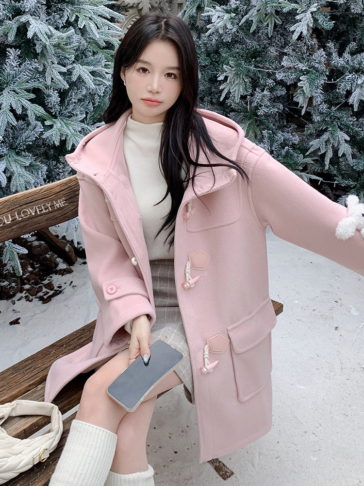 雪景甜美粉色牛角扣毛呢连帽外套（可拆卸玩偶）,女装毛呢外套,天使之佳话