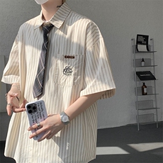 CS1132-特P48控78夏新大码刺绣短袖条纹衬衫男学院风（带领带），男装T恤，电商A059