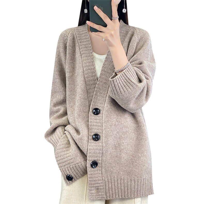 新款纯色V领单排扣针织开衫女秋冬新款宽松显瘦纯色羊毛外套,女装羊毛衫,佑昭祥羊绒