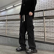 美式复古水洗做旧工装牛仔裤男秋季新款抽绳宽松阔腿裤NK31-P50，男装牛仔裤，星座208-5