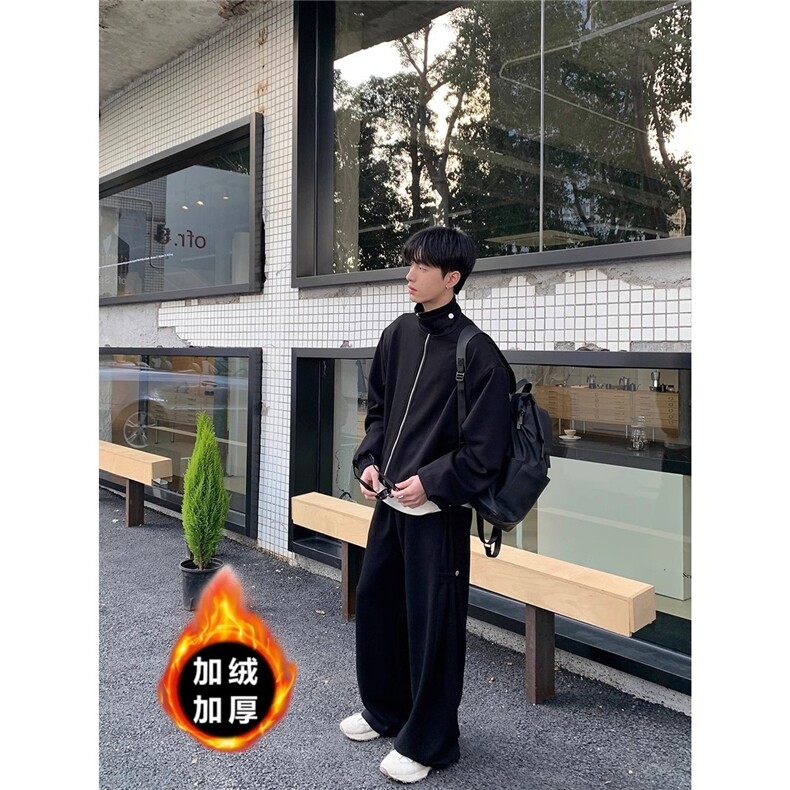 灰色重磅结构卫裤男秋冬美式高街vibe裤子直筒阔腿加绒休闲运动裤,男装休闲裤,星座506A