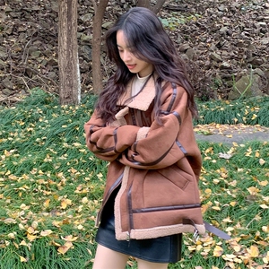 机车服皮毛一体羊羔毛外套女2025冬麂皮绒夹克羊羔绒棉服C596-120图片