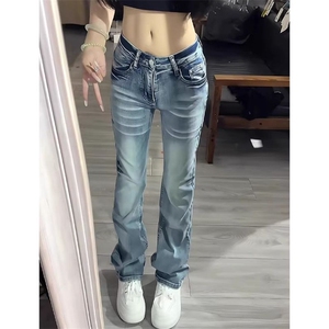 辣妹高街嘻哈毛须微弹牛仔裤女春秋季显瘦时尚设计感直筒牛仔裤潮图片