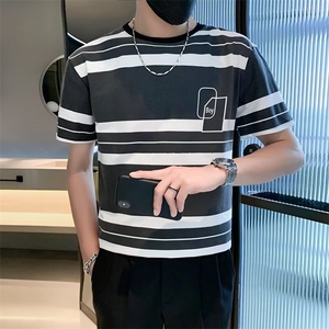 痞帅T恤男短袖夏季修身中袖条纹体恤设计感上衣服潮流半袖 G42图片