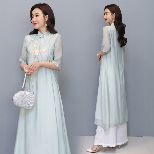 芷墨原创时尚风刺绣连衣裙阔腿裤两件套装茶服,女装套装/套裙,芷墨服饰