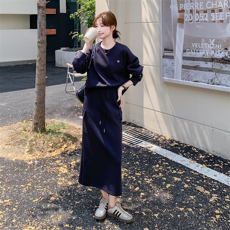 藏青色休闲时尚卫衣套装裙女2025春季新款韩系慵懒风半身裙两件套,女装套装/套裙,C位