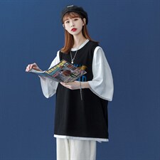 中性夏季新款潮流字母印花圆领假两件短袖T恤T502P35控48，男装T恤，A247A