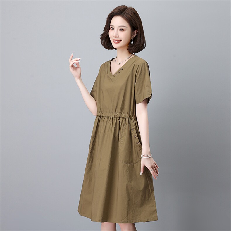 时尚宽松显瘦V领短袖连衣裙优雅气质百搭女装舒适面料,女装连衣裙,叶笙衣