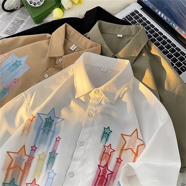 星星涂鸦多巴胺五分袖衬衫男夏季潮衬衫ZC25 P32图片