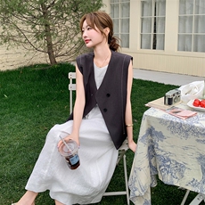 温柔风设计感马甲套装裙女夏季新款小清新无袖背心裙两件套连衣裙，女装套装/套裙，2C108