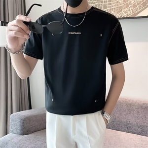 新款休闲宽松刺绣字母冰丝短袖T恤男潮流百搭纯棉半袖衫t G32图片