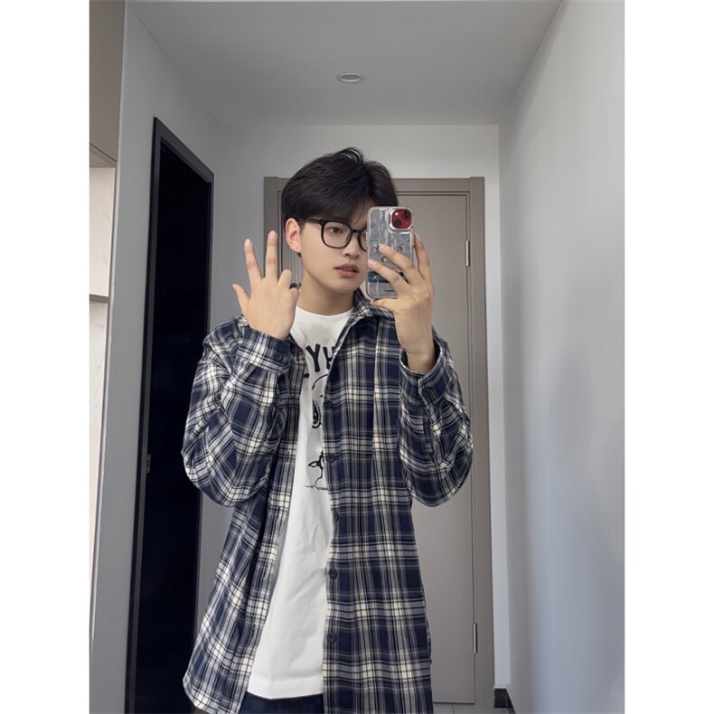 穿搭早秋季格子衬衫男女慵懒风宽松衬衣外套长袖上衣C82022-p35,男装衬衫,星座1008