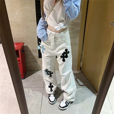 重工十字架刺绣高腰直筒牛仔裤女2025新款设计感宽松拖地阔腿长裤，男装牛仔裤，星座506A
