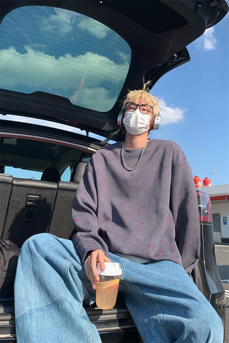 漆点长袖休闲宽松卫衣简约破洞圆领上衣男W4675-P48【特价】,男装卫衣,电商A007