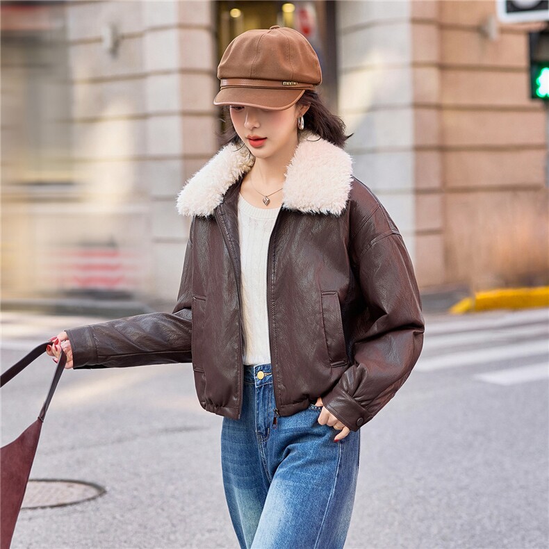 高级感皮面棉服女2025冬季新款保暖毛领羽绒棉PU皮衣短外套上衣,女装皮衣,美拉德工厂直营店