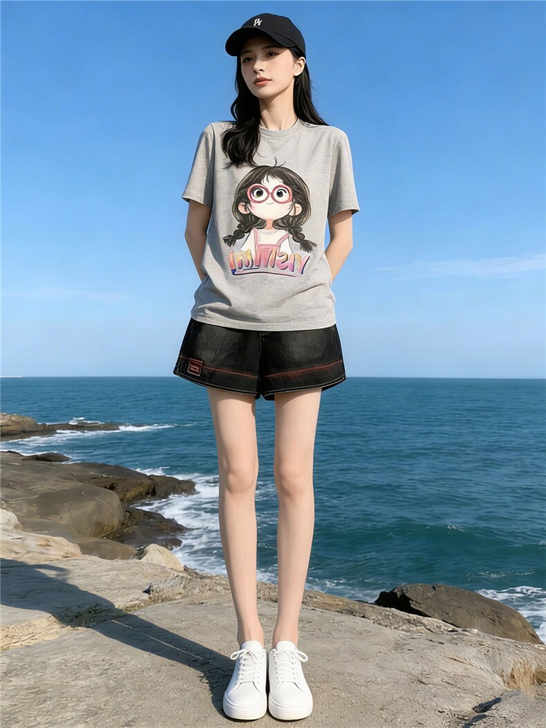 学院风网红运动套装女夏新款圆领卡通印花短袖阔腿牛仔短裤两件套,女装套装/套裙,江南
