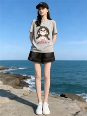 学院风网红运动套装女夏新款圆领卡通印花短袖阔腿牛仔短裤两件套，女装套装/套裙，江南