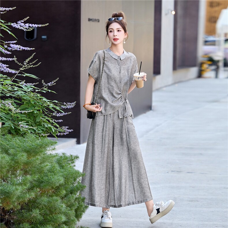 天丝棉麻套装女夏新款慵懒松弛感穿搭宽松休闲设计感上衣+阔腿裤,女装套装/套裙,素月