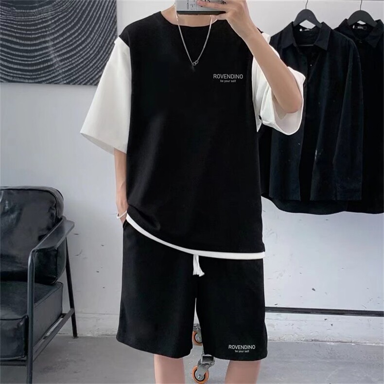 2022华夫格假两件短袖套装男薄款潮流半袖短裤T恤一套T1151-P45,男装T恤,星座512-2