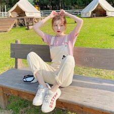 甜美粉色工装背带裤套装女春夏2025新款小个子韩版宽松休闲直筒裤，女装裤子，淑塔可可