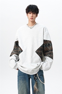 8XL-M 春秋季圆领拼接撞色民族风卫衣男新款潮牌上衣服WY005P58图片