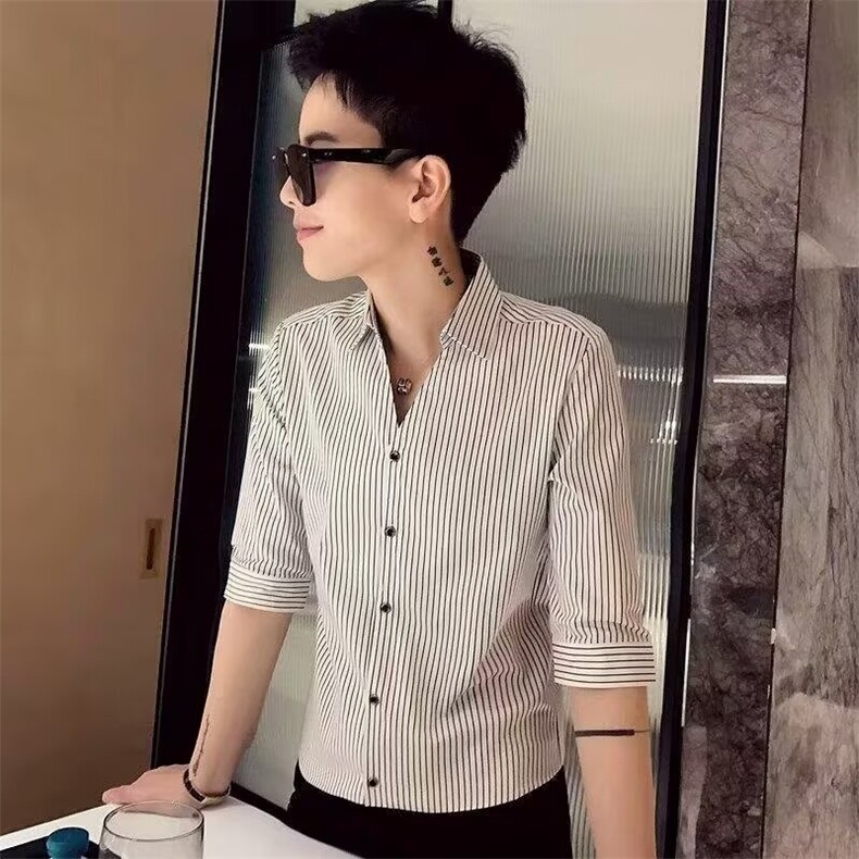 男款格子衬衫七分袖夏季高级感百搭高端休闲潮流免烫弹力修身衬衣,男装衬衫,星座506A