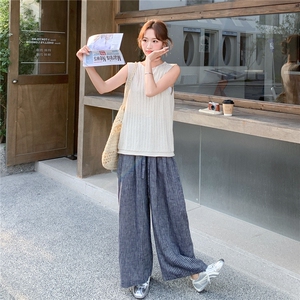 休闲风针织圆领无袖上衣阔腿裤两件套女2026春夏新款时尚气质套装图片