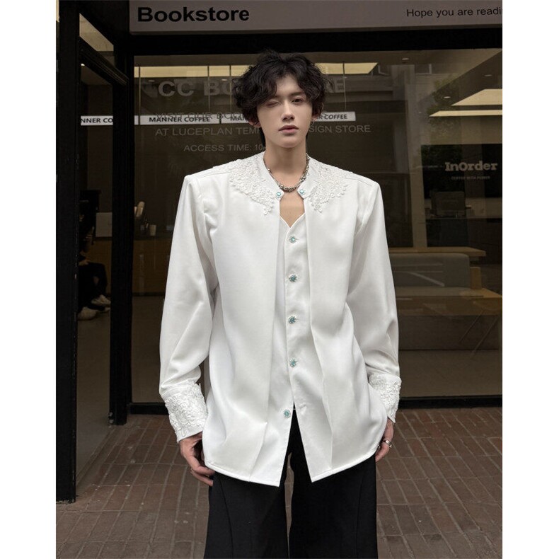 现货！25轻奢华男士蕾丝宝石纽扣假两件礼服垫肩衬衫CS167-P128,男装衬衫,电商B288