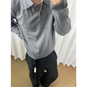 灰色提花麦穗纹针织Polo衫男秋季老钱风穿搭长袖t恤上衣 MT119图片