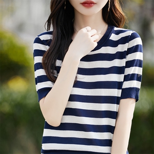 条纹t恤短袖女夏季2025新款高级感半袖针织衫体恤设计感冰丝上衣图片