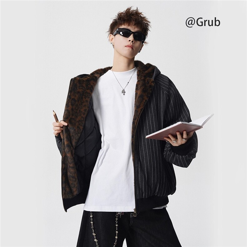 加绒加厚冬款男女连帽豹纹棉衣条纹棉袄保暖面包服MY5039P105,男装棉衣,星座1013-1
