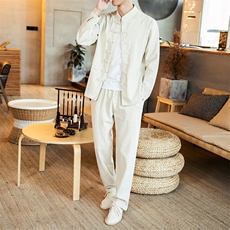 风两件套秋季长袖套装男宽松棉麻古装汉服禅服唐装TZ03/P120，男装休闲套装，钱塘713
