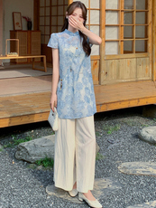 新中式g风套装女2026夏季流行复古印花盘扣旗袍上衣阔腿裤两件套，女装套装/套裙，心心服饰