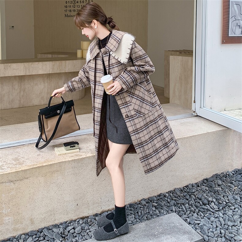 韩系俏皮娃娃领格纹毛呢大衣女2025年秋冬季新款显瘦长款呢子外套,女装毛呢外套,纯色衣恋