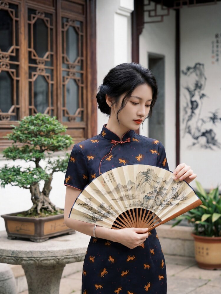 夏季新品时尚气质金丝提花香云纱品质真丝喜庆中长款旗袍裙,女装汉服/婚纱/旗袍/礼服,媚琳依坊