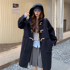 藏青色牛角扣双面呢羊毛大衣女秋冬2025新款高级感独特巨好看外套，女装毛呢外套，2C209